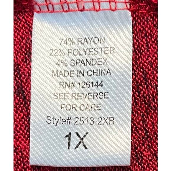 DON’T STOP BELIEVING LONG DOLMAN SLEEVE TOP, WOMENS, 1X-VARIEGATED RED, RND NECK - Picture 10 of 11